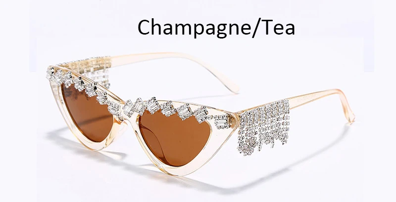 Champagne Tea Винтажные маленькие солнцезащитные очки "кошачий глаз", женские сексуальные роскошные солнцезащитные очки с кристаллами, женские солнцезащитные очки, новые леопардовые очки с бриллиантами - Цвет линз: Champagne Tea