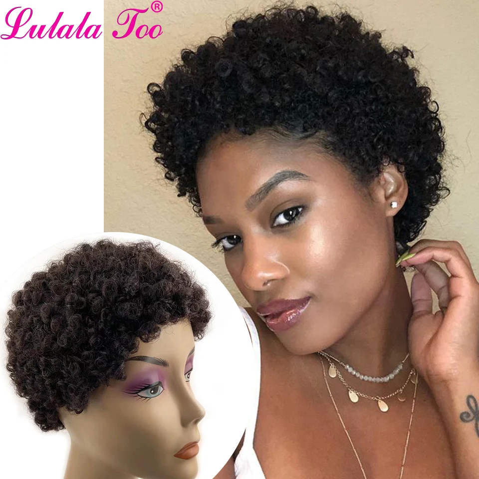 Corto rizado pelucas de cabello humano para las mujeres negras corto corte Pixie Peluca de pelo Remy brasileño pelo rizo en espiral suave barato peluca envío gratis