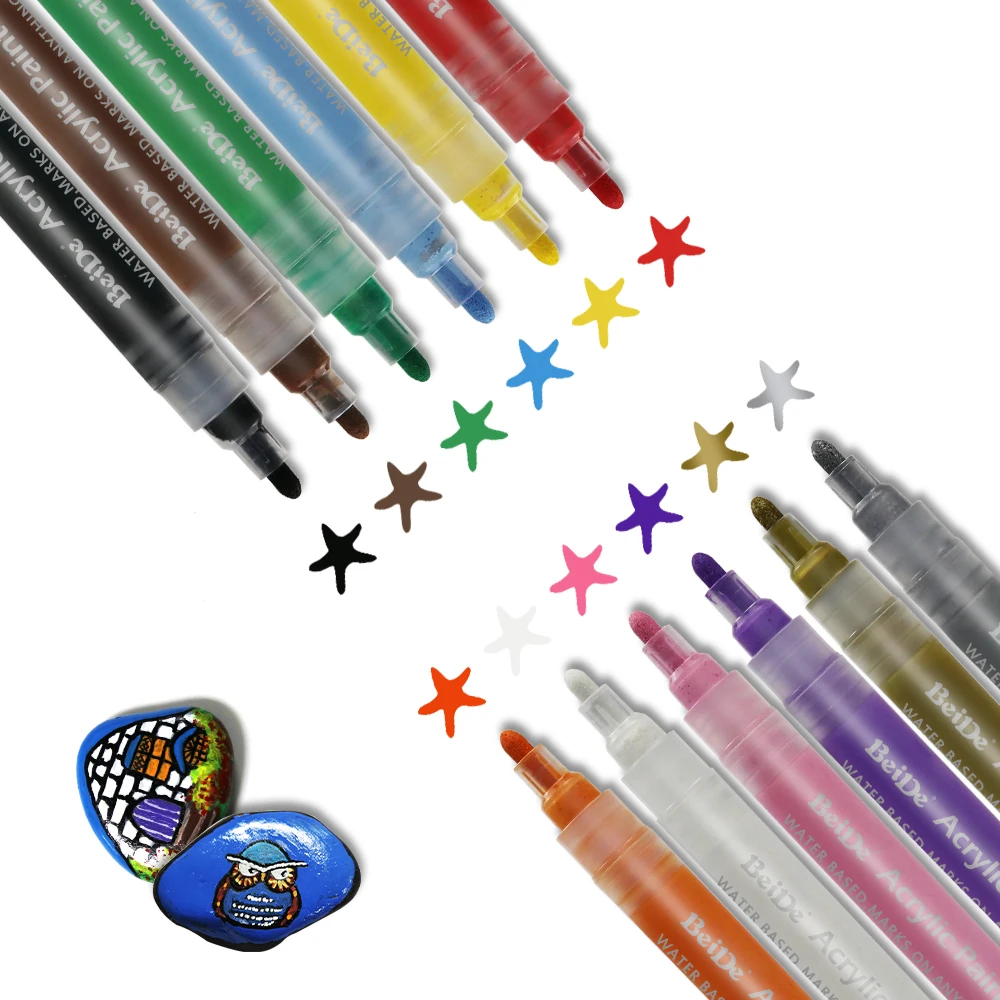 Acrylic Paint Pens for Rock Painting Reversible Tip Paint Pens- 6mm Acrylic Paint Markers Wood Ceramic 12 Pack Glass Canvas Stone 