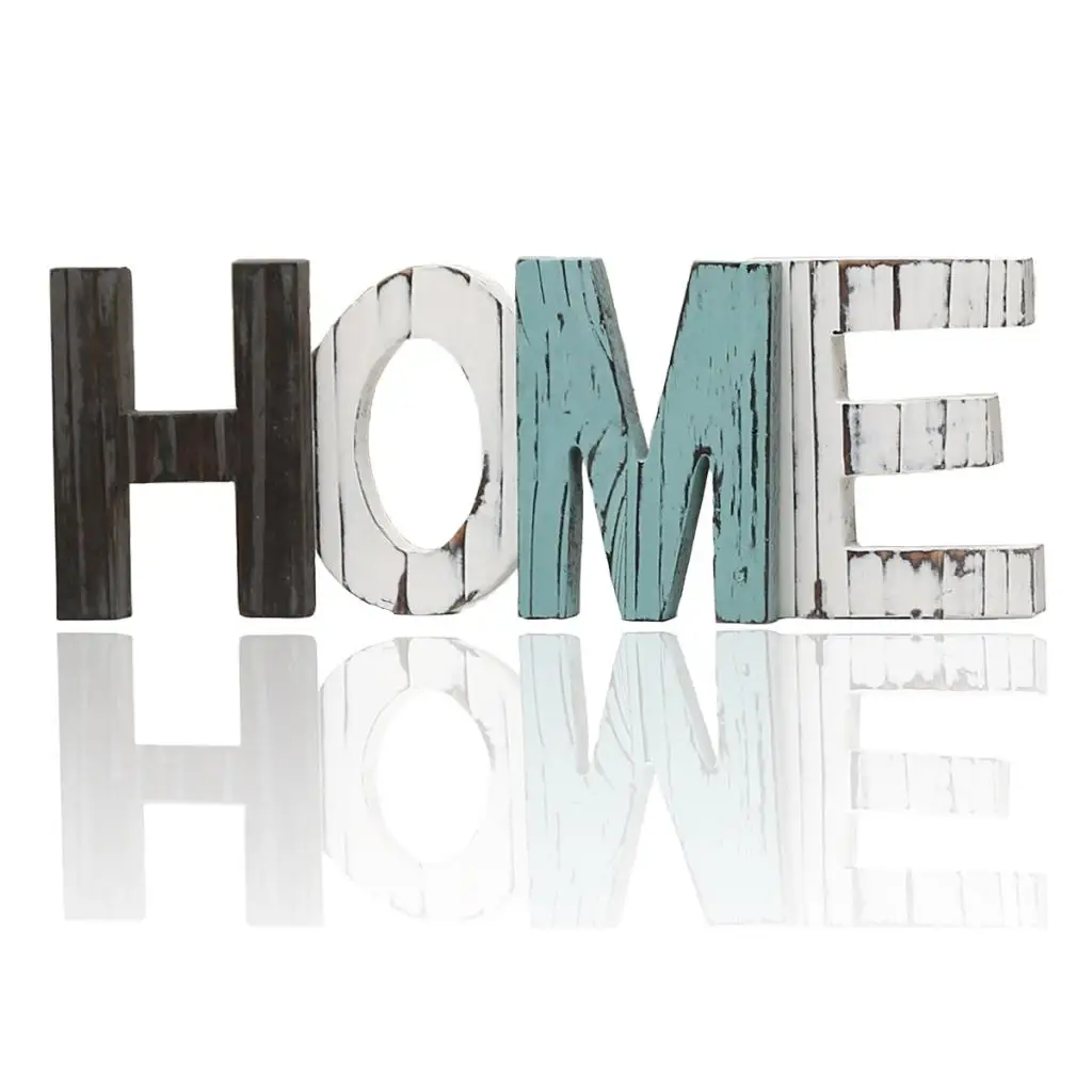 Rustic Wooden Block Home Sign, Cutout Letters Weathered Wood, Freestanding Alphabets for Decoration, Multicolored