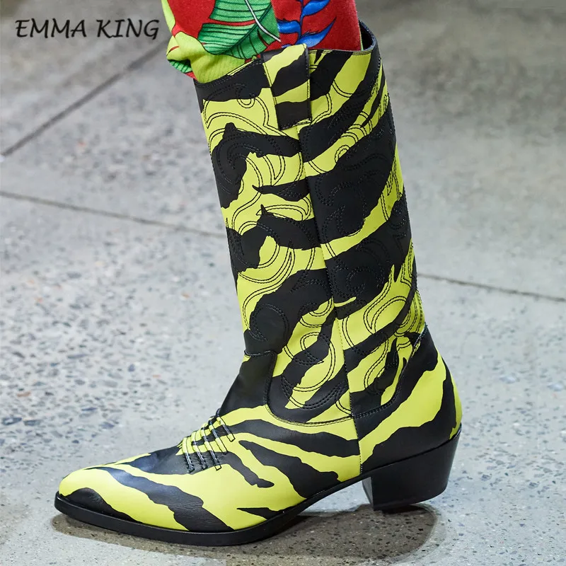 Style 6 Emma king/модные ботинки с принтом в полоску зебры; цвет золотистый, Серебристый; ботинки до середины икры с круглым носком, неоново-зеленым граффити, с вышивкой в стиле рок для бойфренда - Цвет: Style 6