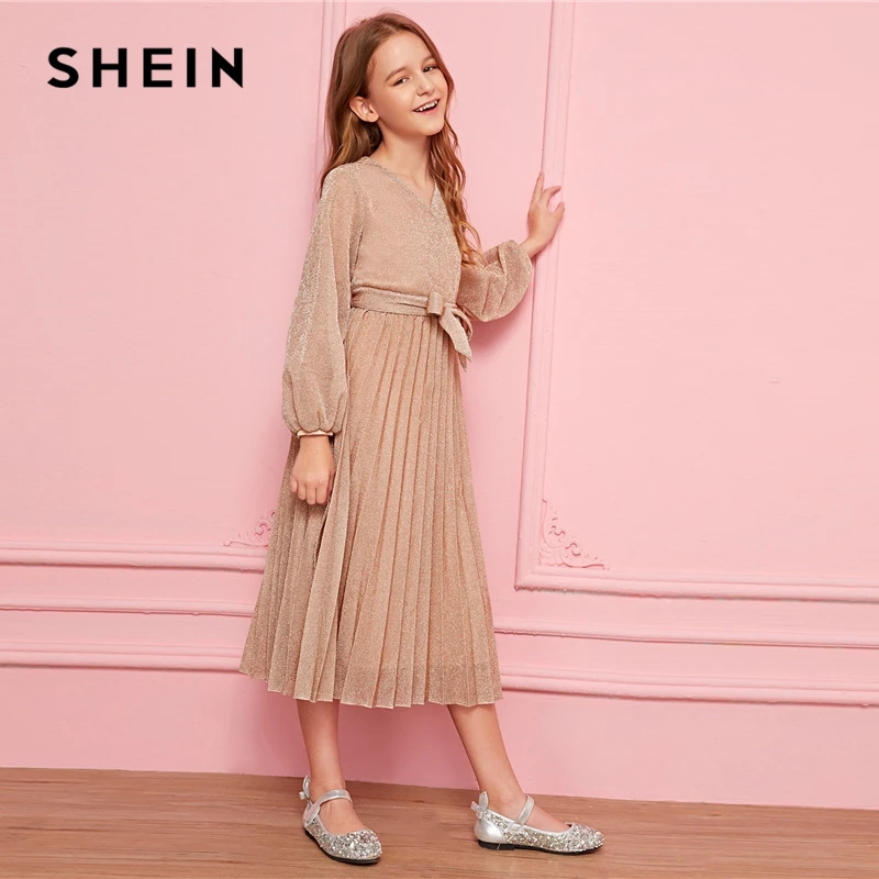 SHEIN/детское Пастельное розовое платье с запахом и поясом для девочек; Плиссированное блестящее платье для детей; коллекция года; сезон осень; Расклешенные платья с v-образным вырезом и рукавами «Бишоп»