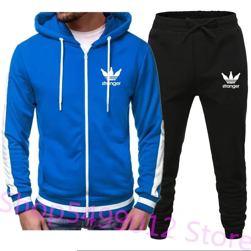 blue-black-BB Спортивный костюм на молнии из 2 предметов, мужской комплект, спортивный костюм, мужская одежда с принтом, толстовки с капюшоном, куртка, штаны, спортивные костюмы для мужчин - Цвет: blue-black-BB