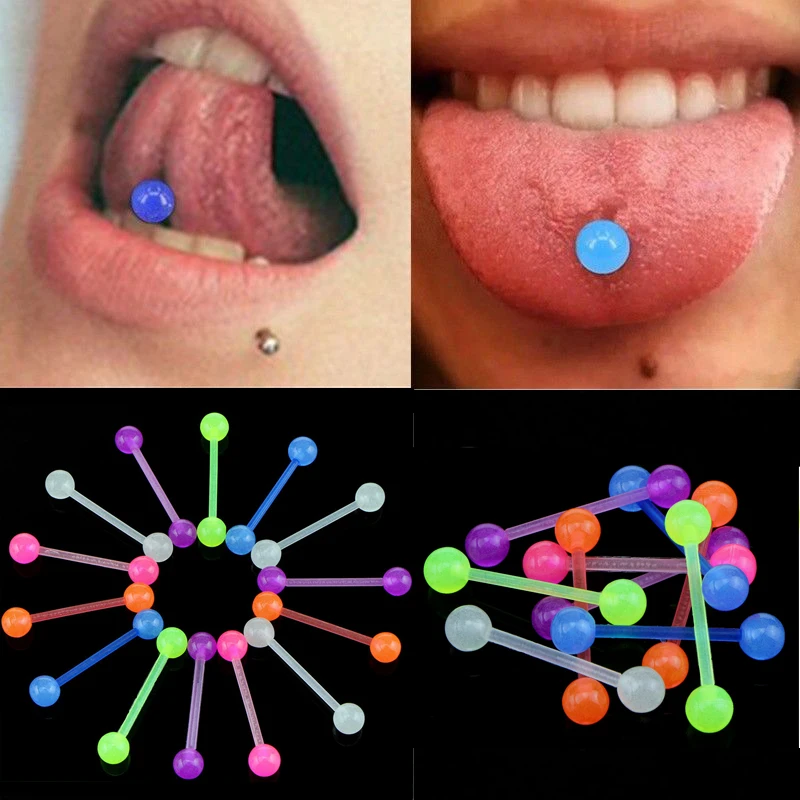 9PCS Plastic Tongue Piercing Barbell Bar Ring Luminous Body Jewelry Women Men Girl Acrylic Bioflexible Soft Glow in Dark Nipple