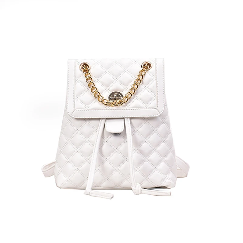 

Korean version of the solid color new PU leather college style female shoulder bag Lingge pattern chain fashion woman backpack