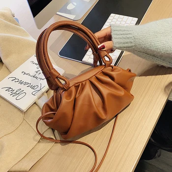 

Elegant Pu Leather Fold Cloud Bag Women Handbags Simple Solid Color Shoulder Crossbody Bags for Women Ruched Design Female Purse
