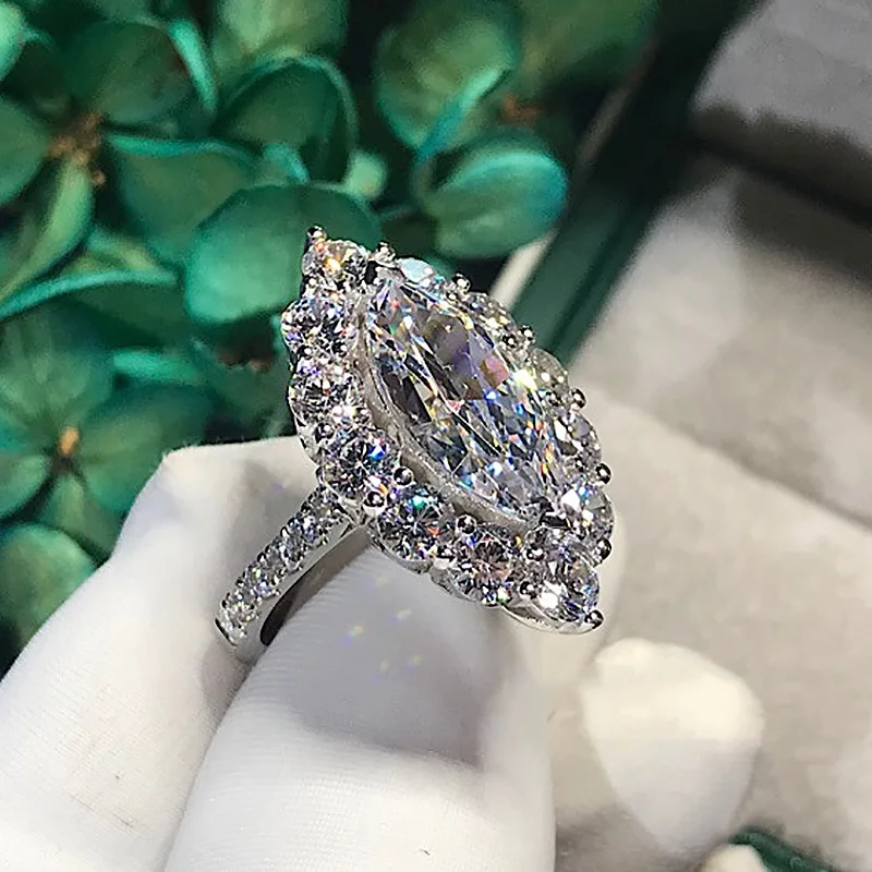 Роскошный цветок маркиз Обрезной 4ct Имитация кольцо с бриллиантом 925