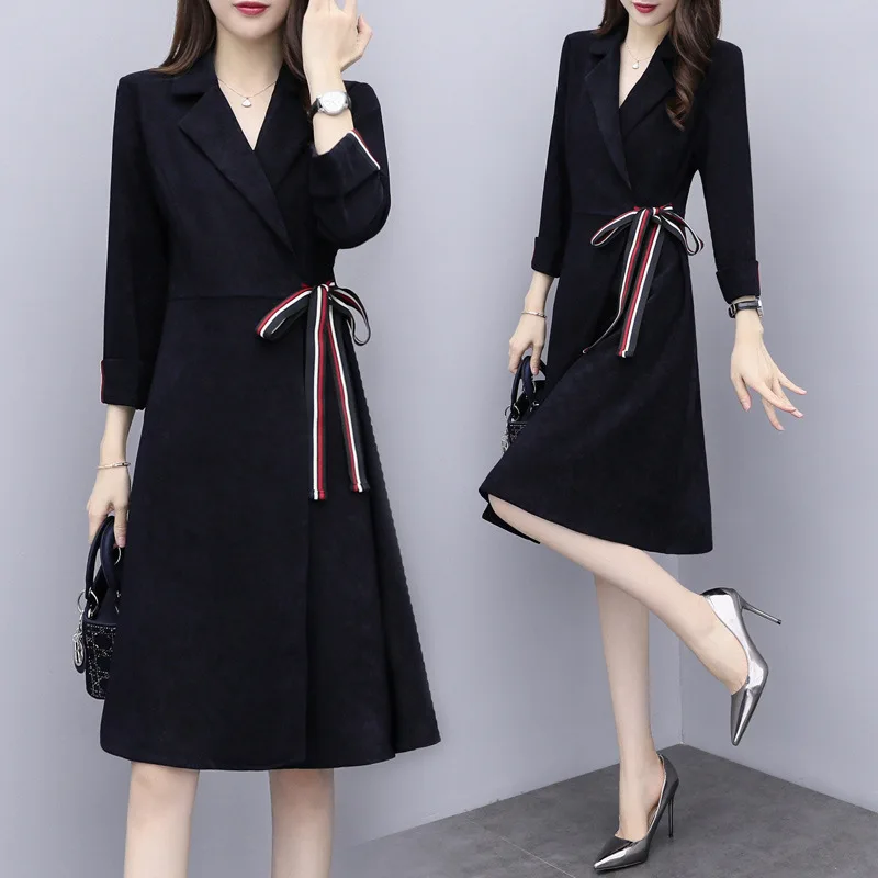 

2019 Autumn New Style Fashion Korean-style Large Size Dress Slim Fit Slimming Waist Hugging Lace-up Mid-length Trench Coat Dress