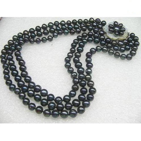 

New Classic Luck Pearl Necklace Genuine 3 Strand 8mm Black Color Freshwater Pearl Jewelry Cameo Shell Flower Clasp Women Gift