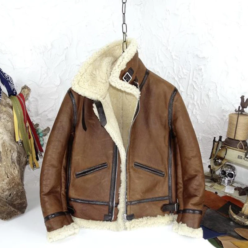 Thick japan B3 Sheepskin Fur One japan Retro Warm Leather Jacket