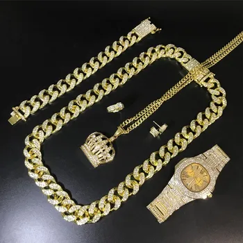 

Hip Hop Men Necklace Luxury Men Fashion Gold Color Watch & Necklace & Braclete & Ring & Earrings Combo Set Ice Out Cuban For Men