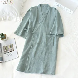 New-style Kimono  New 100% Cotton Crepe Ladies Thin Nightgown Men Bathrobe Robe Home Service Pajamas Sleep Tops