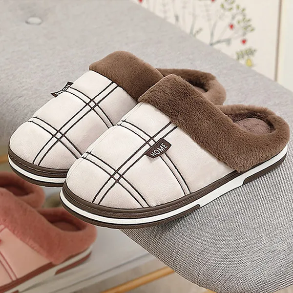 Plus size Men slippers Winter with fur slippers Indoor Lattice home Antiskid Suede Male slipper Plush Cofy House slippers 2021 White