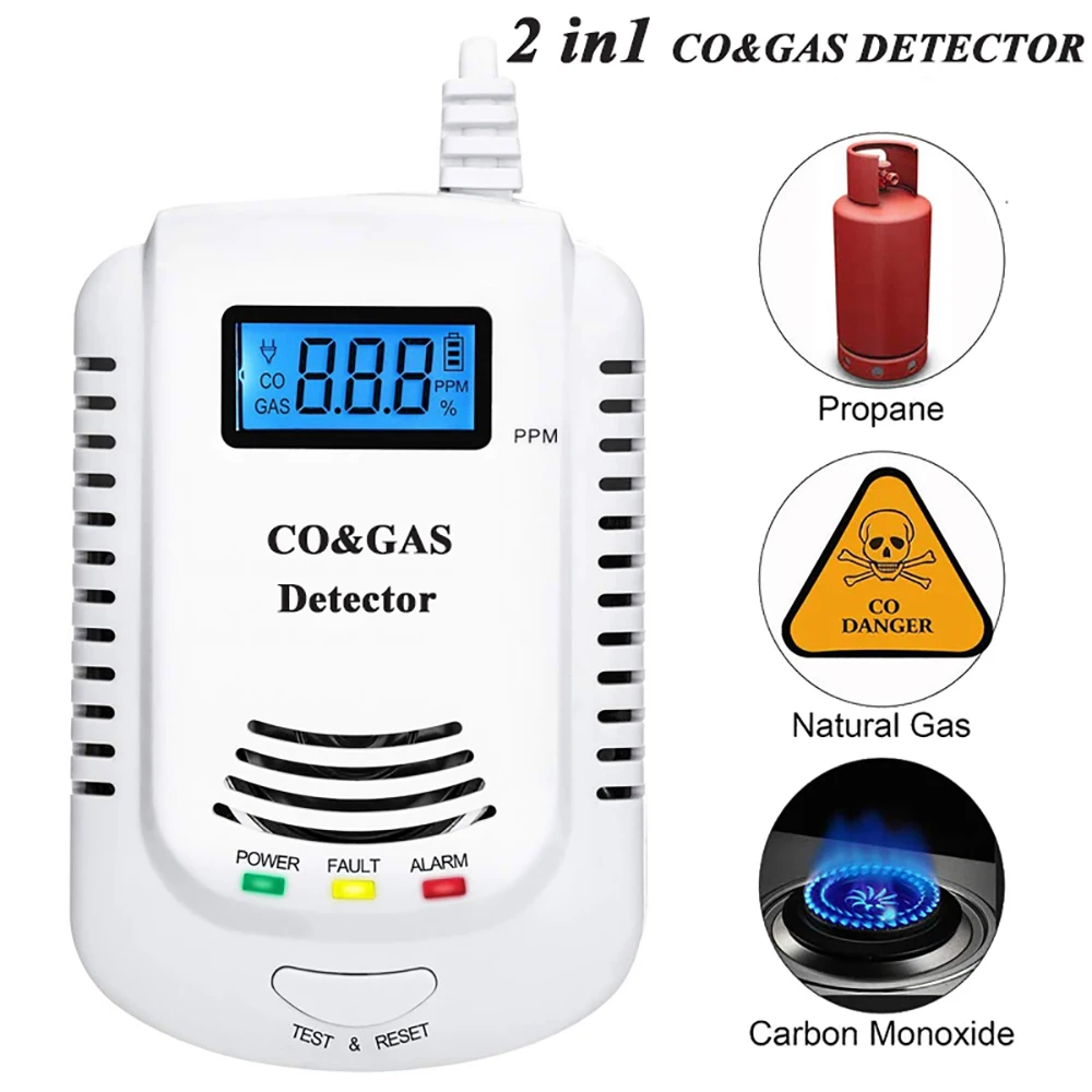 Detector de Gas 2 en 1, alarma de Gas Natural/metano/propano/CO enchufable para el hogar, Detector de Sensor de fugas con promoción de voz y pantalla LED