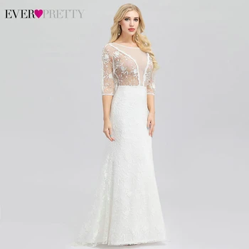 

Sexy White Prom Dresses Ever Pretty EP00932CR O-Neck Half Sleeve Draped See-Through Lace Mermaid Party Gowns Vestido De Festa