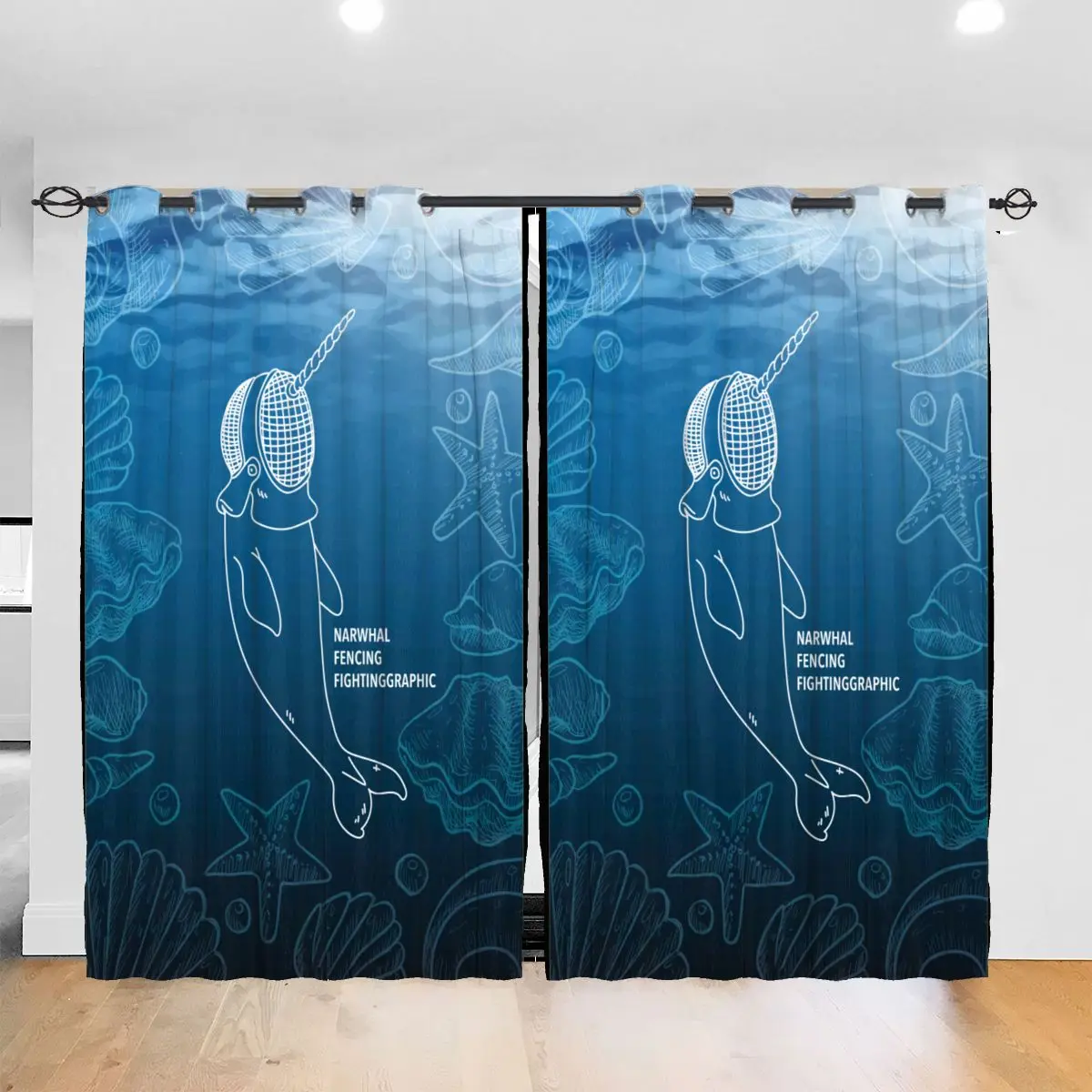 

Living Room Sun Block Curtain Narwhal Fencing Fighting Graphic Light Shading Bedroom Blackout Window Curtains 52x72In