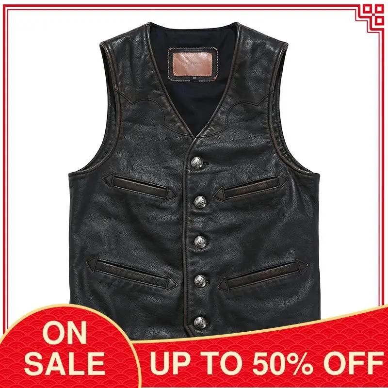 

2020 American Retro Style Genuine Leather Vest Men Plus Size 6XL Real Cowhide Spring Slim Fit Short Casual Leather Vest