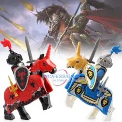 Один продажа строительные блоки средневековый рыцарь лошадь синий Лев лошадь войны в римском стиле детали для сборки рыцарей игрушки для