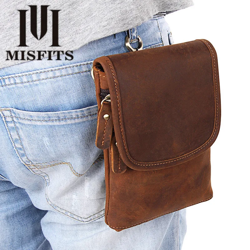Genuine Leather Men’s Cell Phone Pocket Many Compartments Large Capacity waist bag Hasp Zipper Shoulder Bag