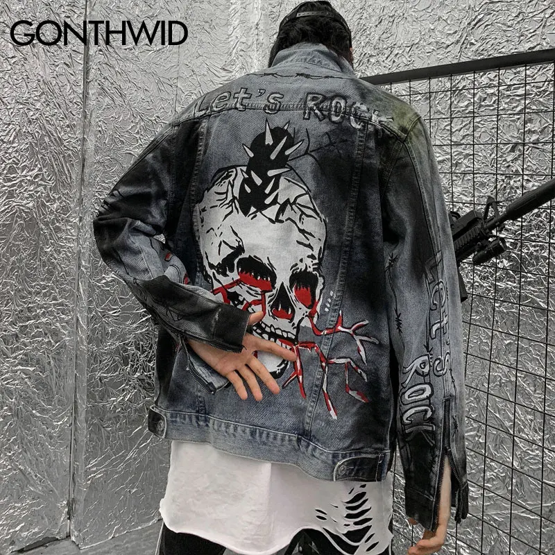 GONTHWID граффити череп печати рукава молнии джинсовые куртки Уличная Хип Хоп повседневные панк рок джинсы куртки пальто блузка из хипстера
