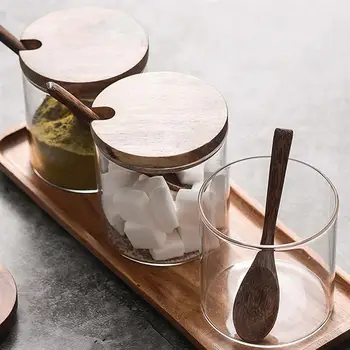 

2 Pcs Household Glass Seasoning Bottles Soy Jars With Spoon And Wood Lid Kitchen Storage Jar