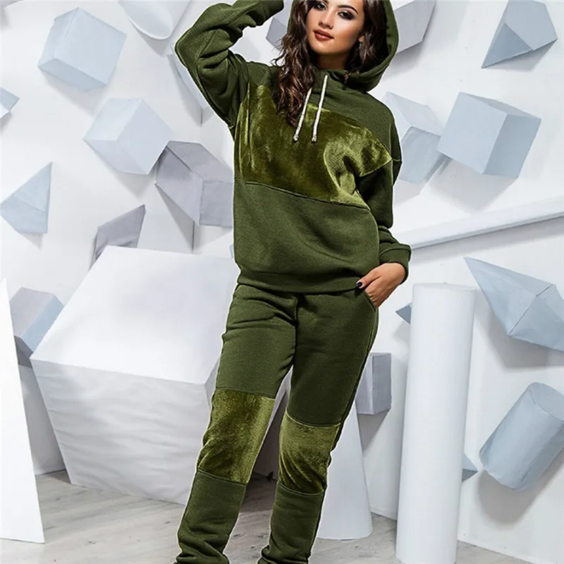Комплект из двух предметов, женская спортивная одежда, спортивный костюм, Осень-зима, набор для волейбола, свободные толстовки с длинными рукавами, спортивные штаны, повседневный костюм - Цвет: army green