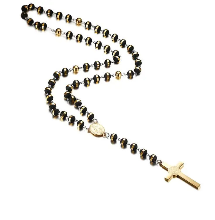 30" 8MM Stainless Steel Rosary Beads Necklace Black and Gold Color with Holy Jesus Christ Crucifix Cross Pendant 4