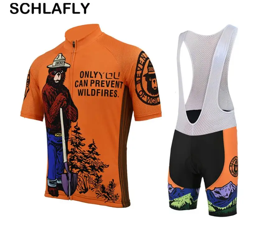 Men cycling suit Smokey bear orange cycling jersey+9d Silicon bib pants bike wear cycling clothing schlafly - Цвет: style photos