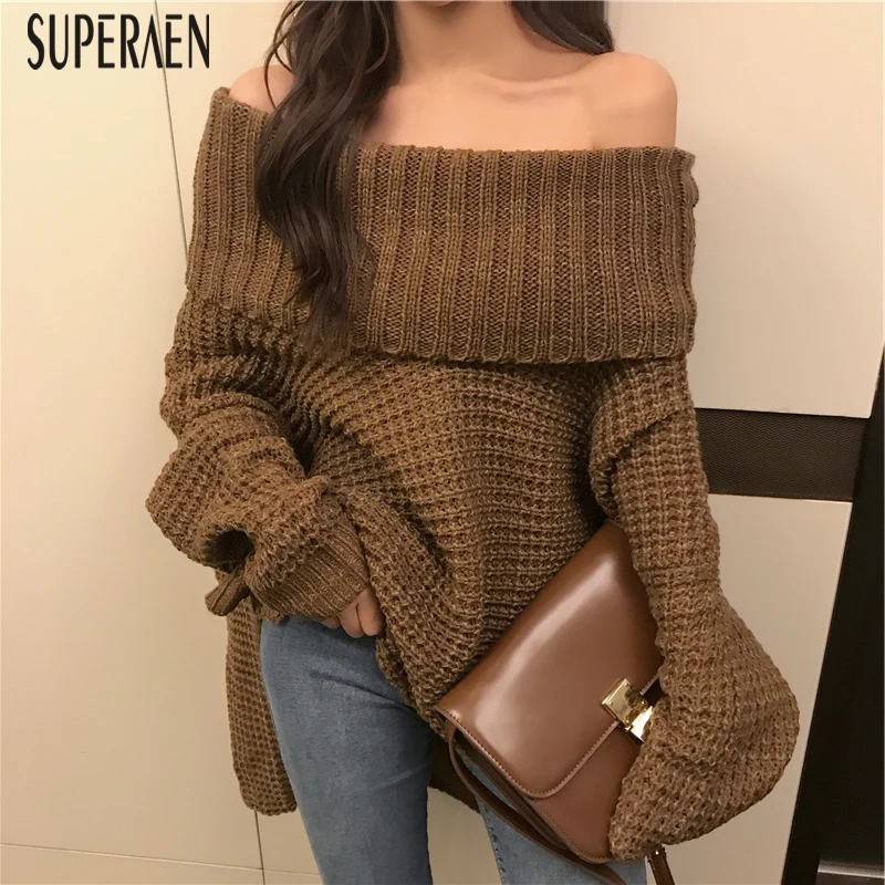SuperAen, корейский стиль, женские пуловеры, свитера, одноцветные, с вырезом лодочкой,, осень и весна, новые женские свитера, топы