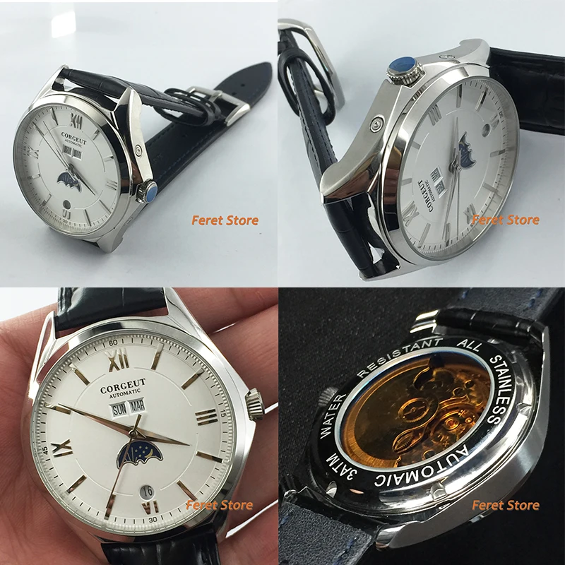 Corgeut 41 мм Moon Phase часы мужские модные автоматические механические наручные часы водонепроницаемые 316L чехол из нержавеющей стали