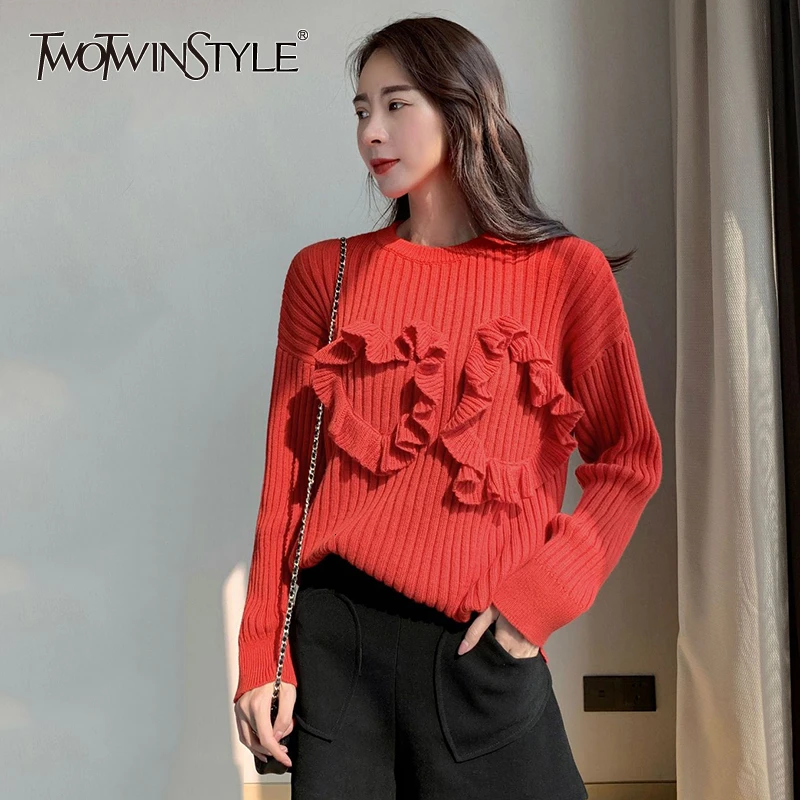 TWOTWINSTYLE Casual Red Striped Knitting Sweaters For Women O Neck Long Sleeve Autumn Pullovers Female Fashion Clothing New