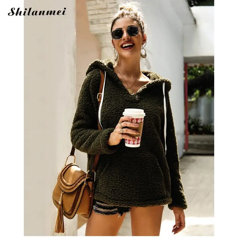 Women Fleece Hoodies Autumn Plush Casual Hooded Pullovers V Neck Female Sweatshirt Winter Warm Pocket Teddy Pullover Mujer