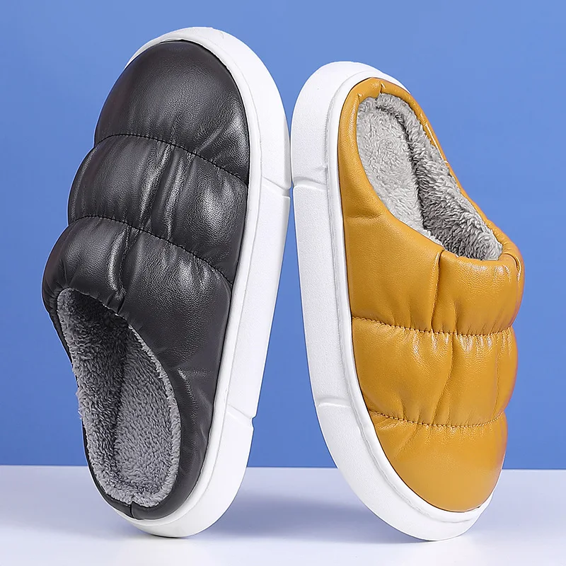 

Cotton Slippers Men's Autumn and Winter PU Leather Waterproof Home Warm Indoor Non-slip Plush Thick Bottom Cotton Slippers Women