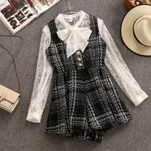 Sweet A-line Tweed Plaid Short Vest Romper Autumn Winter Women Bow Collar Lace Shirt Top+ Tank Pearl Button Mini Jumpsuit