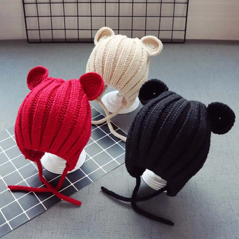 

Knitted Winter Baby Hat with Ears Cartoon Lace-up Children Kids Baby Bonnet Cap Kids for 1-3 Years Children Beanie bonnet enfant