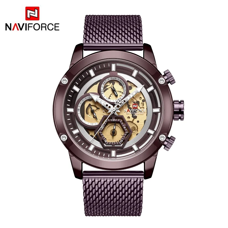 COFFEE NAVIFORCE, модные повседневные кварцевые часы для мужчин, кожаный ремешок, 24 часа, календарь, дисплей, спортивные мужские часы, Топ бренд, Роскошные наручные часы - Цвет: COFFEE