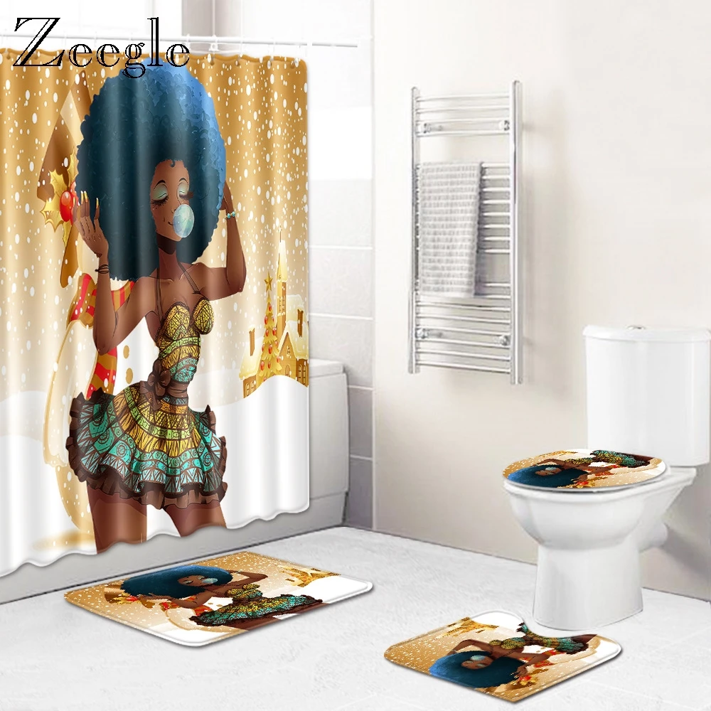 Zeegle 4pcs Bathroom Mat Set Christmas Creative Bathroom Mat Set Flannel Anti-slip Soft Bath Floor Mat Toilet Shower Curtain