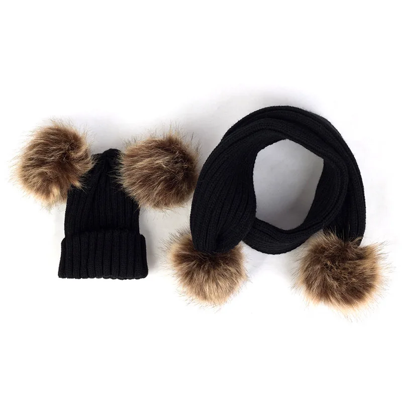 Geebro/модные милые детские зимние теплые наборы шарф шапка вязаные меховые шапки теплые вязаные шапки для мам и детей - Цвет: Black-2