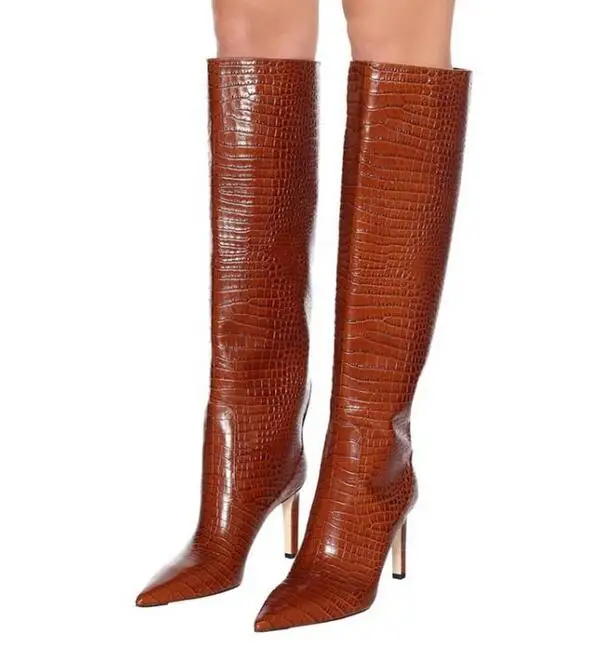 

Newest Brown Leather Women Knee High Boots Pointy Toe Top Leather Fall Winter Long boots Big Size Low Heels Lady Runway Boots