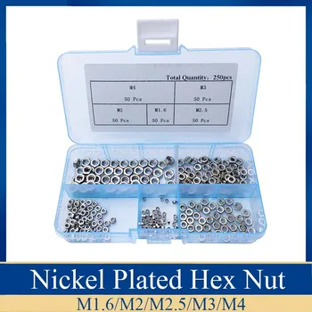 

250Pcs/set Nickel Plated M1.6 M2 M2.5 M3 M4 Carbon Steel Hex Nut Assortment Kit Hexagon Nuts Metric Thread Assortment Kit