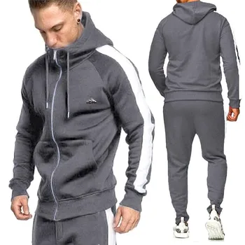 

New 2020 Fashion Sportswear Warm Velvet Men's Sports Patchwork Set Zip Hoodie Sweatshirt CCHT Fitness Pants Workout Sui