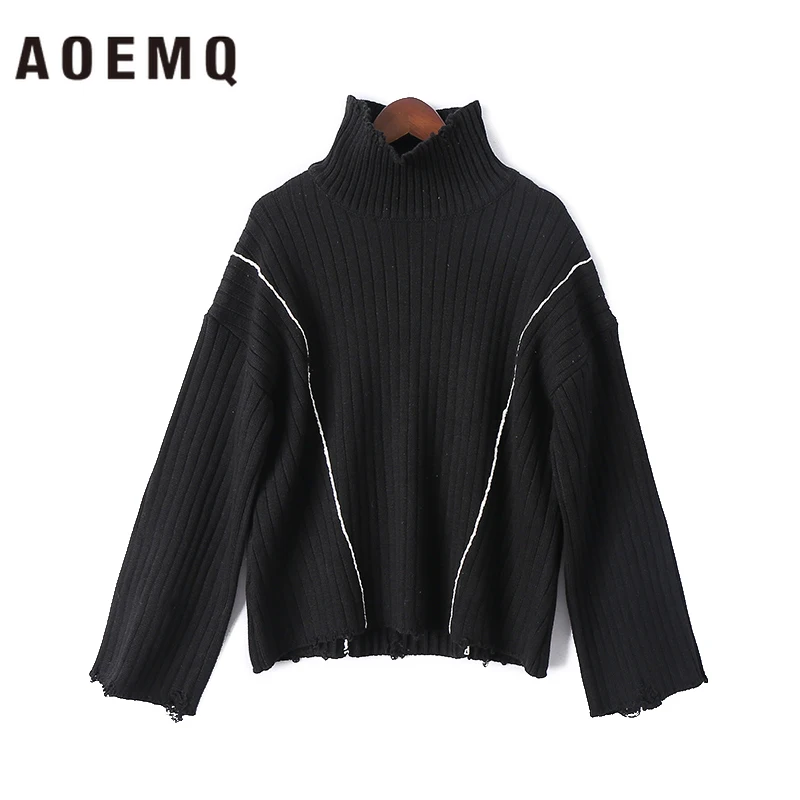 AOEMQ Fashion Pullover Sweater 4 Colors Turleneck Winter Kinitted with Striped Pattern Wide Sleeve Clothing | Женская одежда