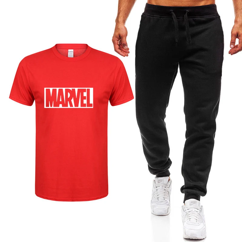 Новая модная летняя футболка с принтом Marvel, мужская повседневная хлопковая футболка в стиле хип-хоп с коротким рукавом высокого качества+ штаны, костюм, одежда