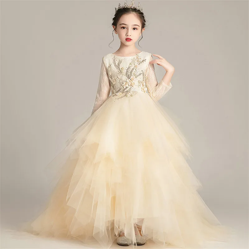 Детское роскошное платье принцессы с аппликацией в виде цветов и длинным шлейфом для девочек; элегантное вечернее платье для дня рождения