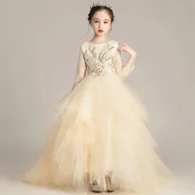 Детское роскошное платье принцессы с аппликацией в виде цветов и длинным шлейфом для девочек; элегантное вечернее платье для дня рождения