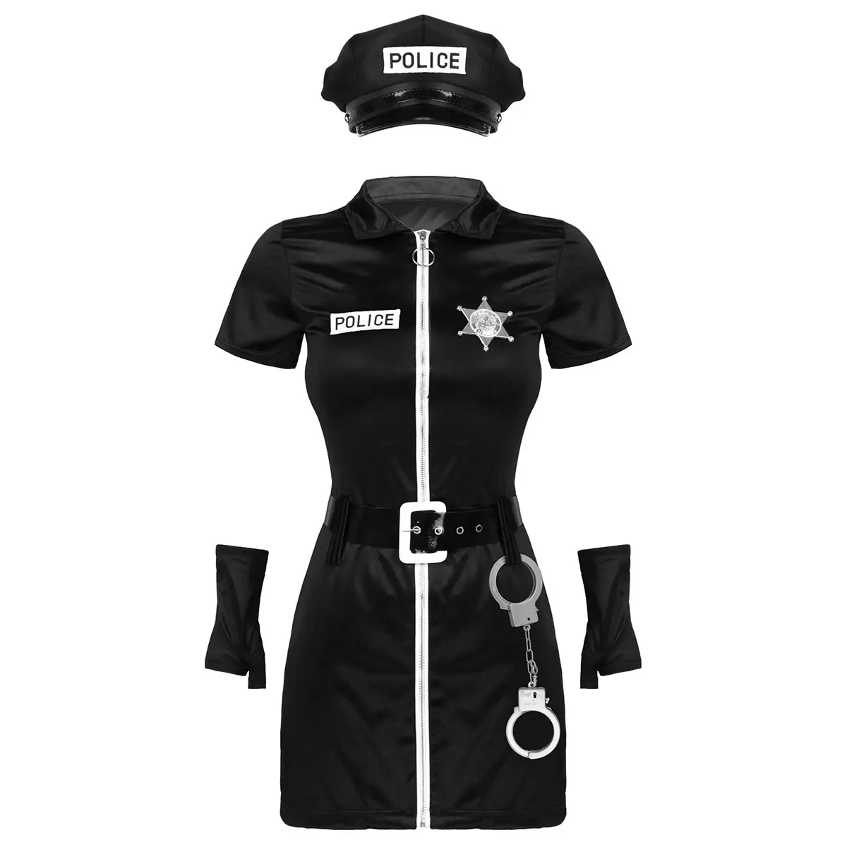 Womens Sexy Police Officer Costume Halloween Cosplay Bodycon Dress with Cop Hat Belt Badge Cuffs Roleplay Uniform Party Dress Up