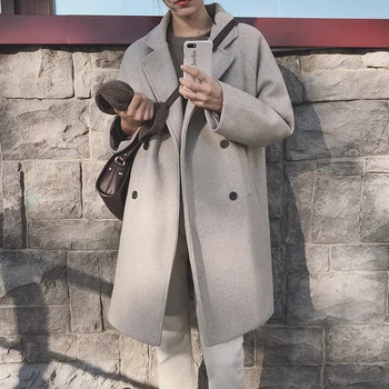 

Korean-Style Mid-Length Loose Casual Woolen Coats Autumn Winter Warm Coat Chic Double Breasted Women Coats casacos feminino