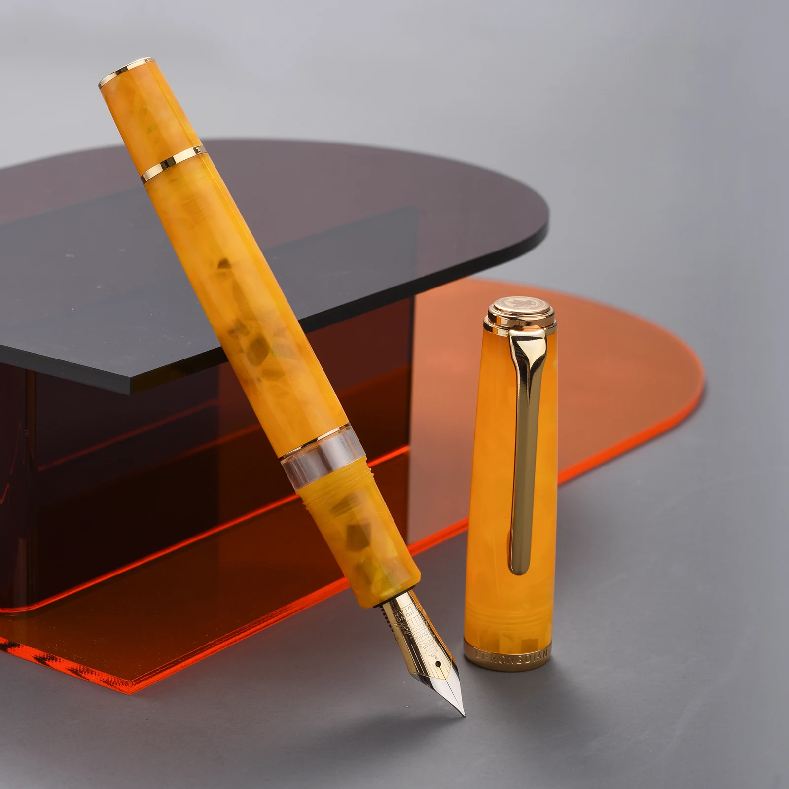 Hongdian N1S Piston Fountain Pen Acrylic Orange Marble Iridium Extra