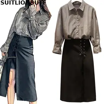 

Perfect Quality 2020 Plus Size Two Piece Set Striped Shirt Irregular Cross Type Tight Skirt Ensemble Femme Elegant Skirt Set