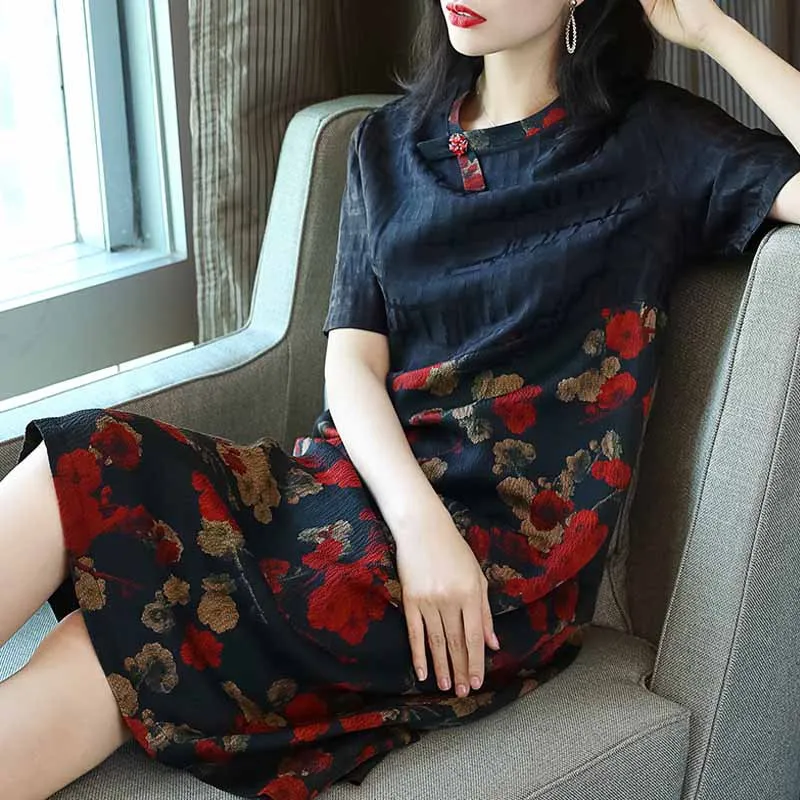 

Ozhouzhan 2019 New Style Contrast Color Mulberry Silk Loose-Fit Slimming A- line Skirt Printed Silk Dress Mid-length Explosion